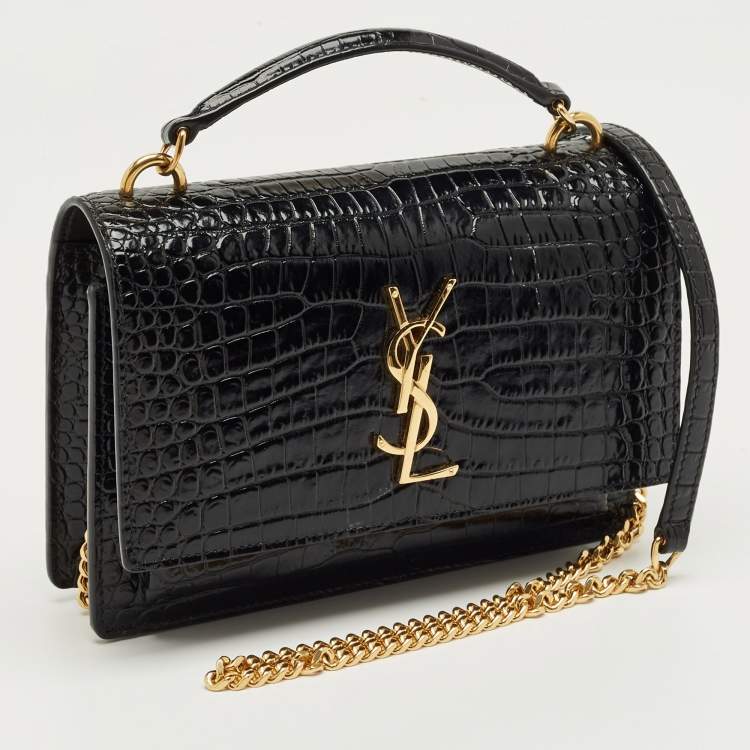 Pre Owned Saint Laurent Black Croc Embossed Leather Sunset Wallet on Chain