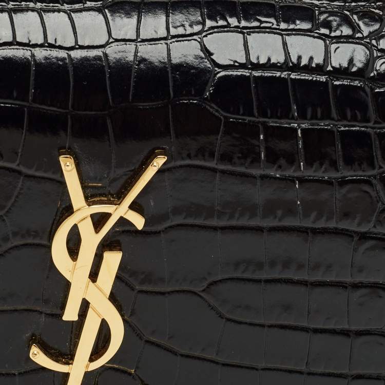 Pre Owned Saint Laurent Black Croc Embossed Leather Sunset Wallet on Chain