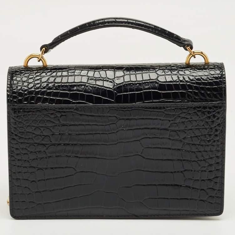 Pre Owned Saint Laurent Black Croc Embossed Leather Sunset Wallet on Chain