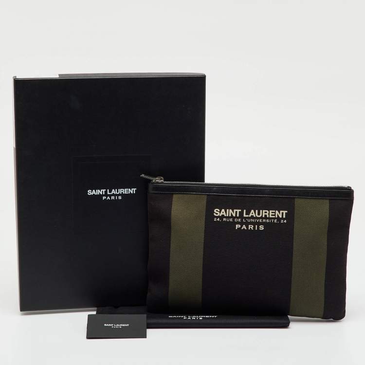 Pre Owned Saint Laurent Black/Khaki Stripe Canvas and Leather Zip Pouch