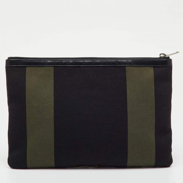 Pre Owned Saint Laurent Black/Khaki Stripe Canvas and Leather Zip Pouch