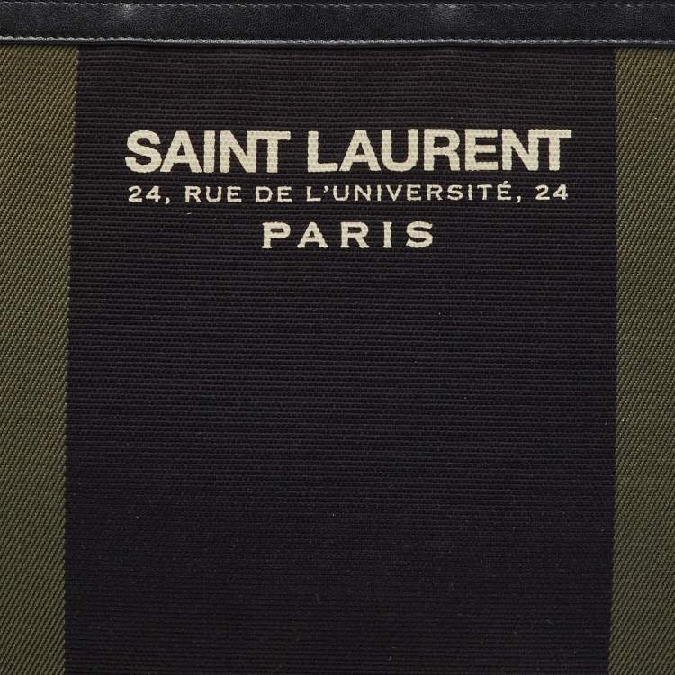 Pre Owned Saint Laurent Black/Khaki Stripe Canvas and Leather Zip Pouch