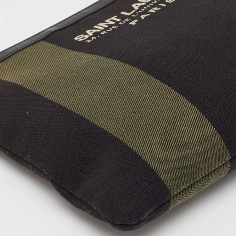 Pre Owned Saint Laurent Black/Khaki Stripe Canvas and Leather Zip Pouch