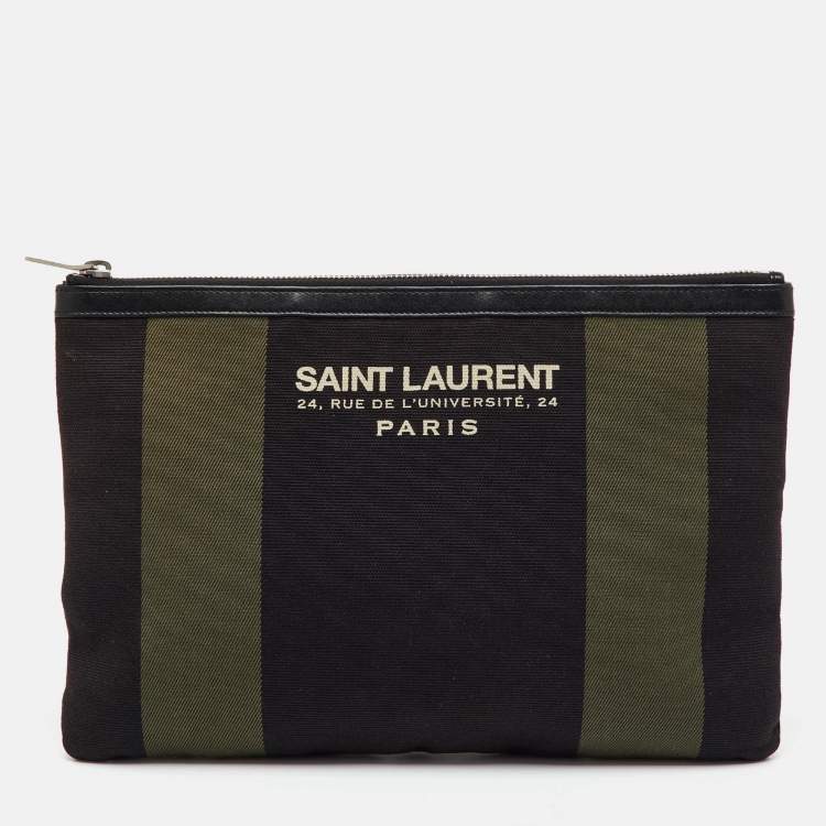 Pre Owned Saint Laurent Black/Khaki Stripe Canvas and Leather Zip Pouch
