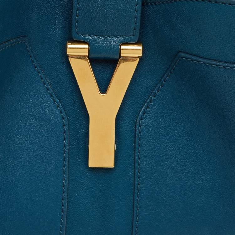 Pre Owned Saint Laurent Teal Blue Leather Medium Cabas Chyc Shoulder Bag