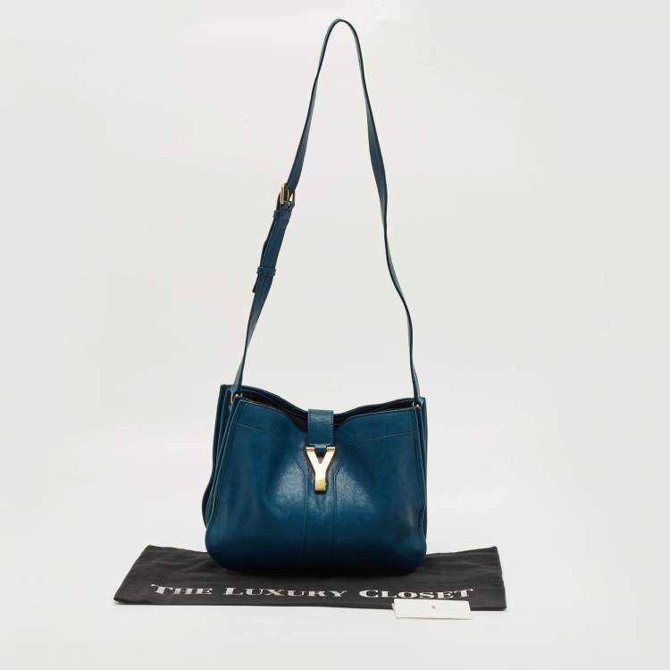 Pre Owned Saint Laurent Teal Blue Leather Medium Cabas Chyc Shoulder Bag