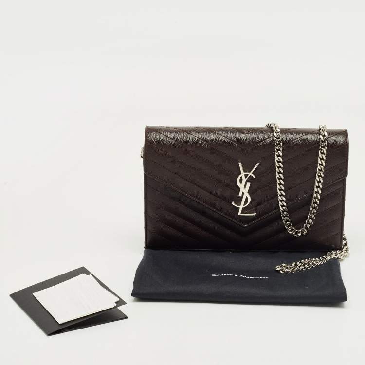 Pre Owned Saint Laurent Dark Burgundy Matelassé Leather Cassandre Wallet on Chain