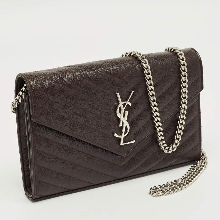 Pre Owned Saint Laurent Dark Burgundy Matelassé Leather Cassandre Wallet on Chain