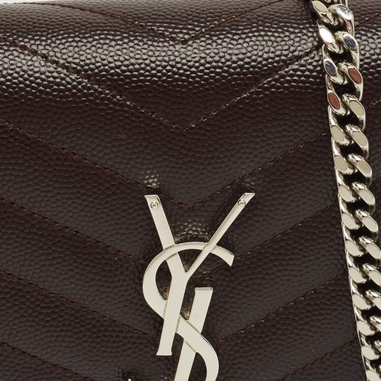 Pre Owned Saint Laurent Dark Burgundy Matelassé Leather Cassandre Wallet on Chain