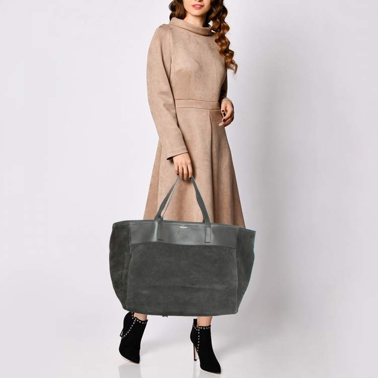Pre Owned Saint Laurent Grey Suede and Leather Suede Reversible Shopper Tote