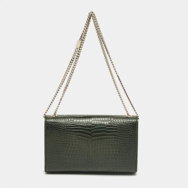 Pre Owned Saint Laurent Green Croc Leather Medium Kate Tassel Chain Shoulder Bag