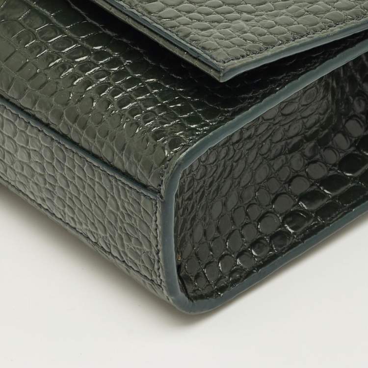 Pre Owned Saint Laurent Green Croc Leather Medium Kate Tassel Chain Shoulder Bag