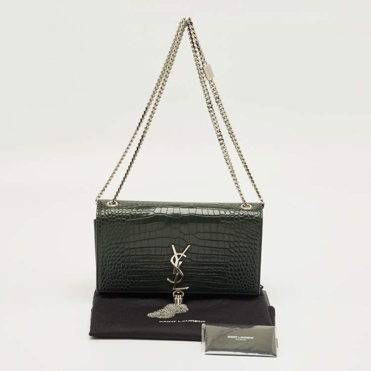Pre Owned Saint Laurent Green Croc Leather Medium Kate Tassel Chain Shoulder Bag