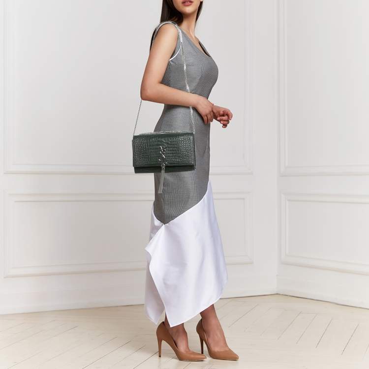 Pre Owned Saint Laurent Green Croc Leather Medium Kate Tassel Chain Shoulder Bag