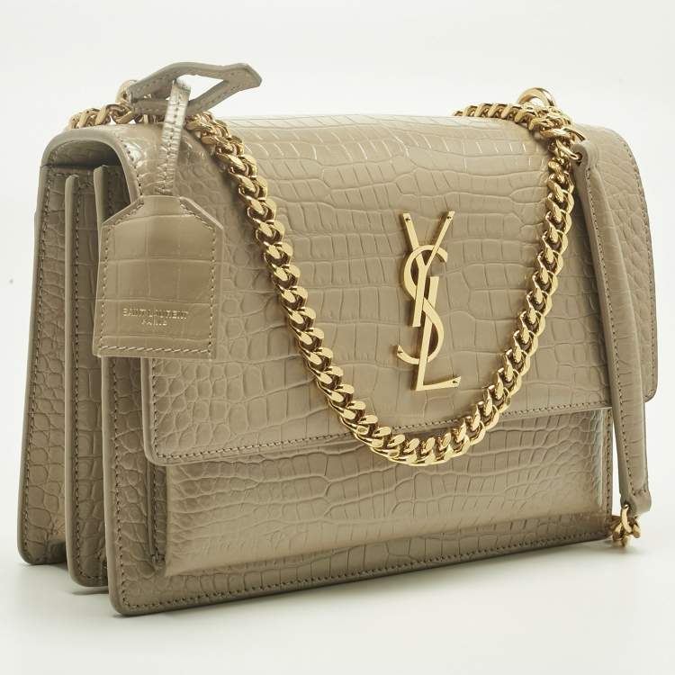 Pre Owned Saint Laurent Beige Croc Embossed Leather Medium Sunset Shoulder Bag