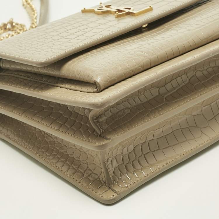 Pre Owned Saint Laurent Beige Croc Embossed Leather Medium Sunset Shoulder Bag