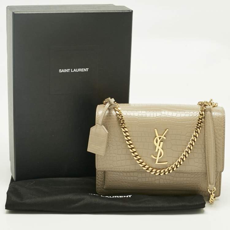 Pre Owned Saint Laurent Beige Croc Embossed Leather Medium Sunset Shoulder Bag