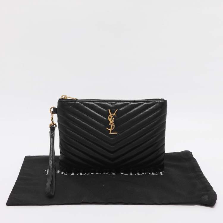 مملوكة مسبقًا حقيبة كلتش سان لوران سوار جلد ماتلاسية أسود مونوجرام