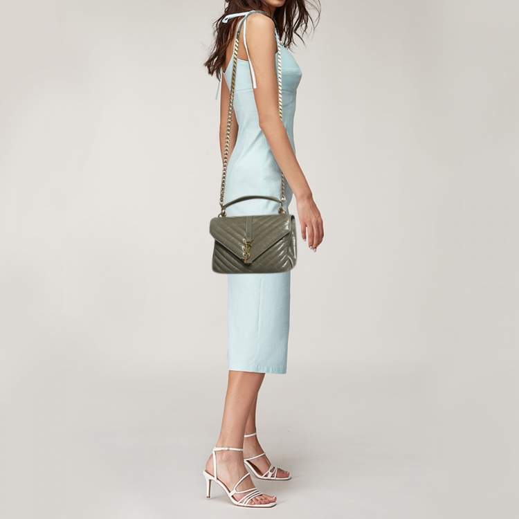 Pre Owned Saint Laurent Pale Green Matelassé Leather Medium College Top Handle Bag