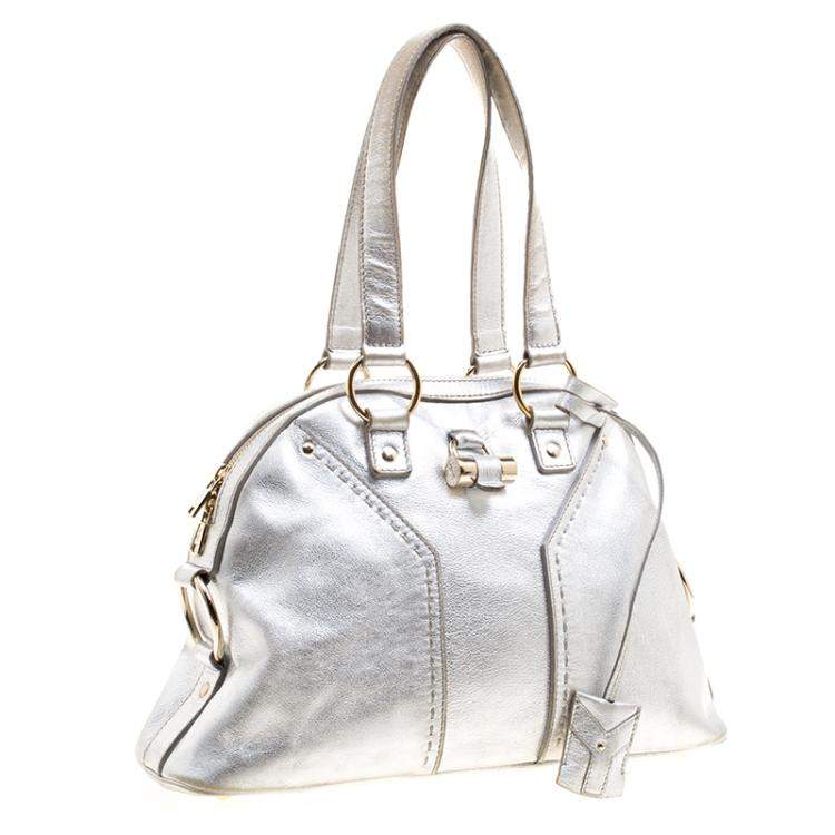 Pre Owned Yves Saint Laurent Silver Leather Medium Muse Satchel