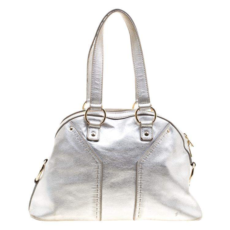 Pre Owned Yves Saint Laurent Silver Leather Medium Muse Satchel