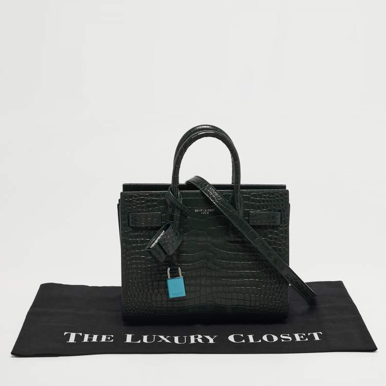 Pre Owned Saint Laurent Classic Sac De Jour Nano Dark Green Croc Embossed Leather Tote
