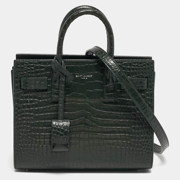 Pre Owned Saint Laurent Classic Sac De Jour Nano Dark Green Croc Embossed Leather Tote