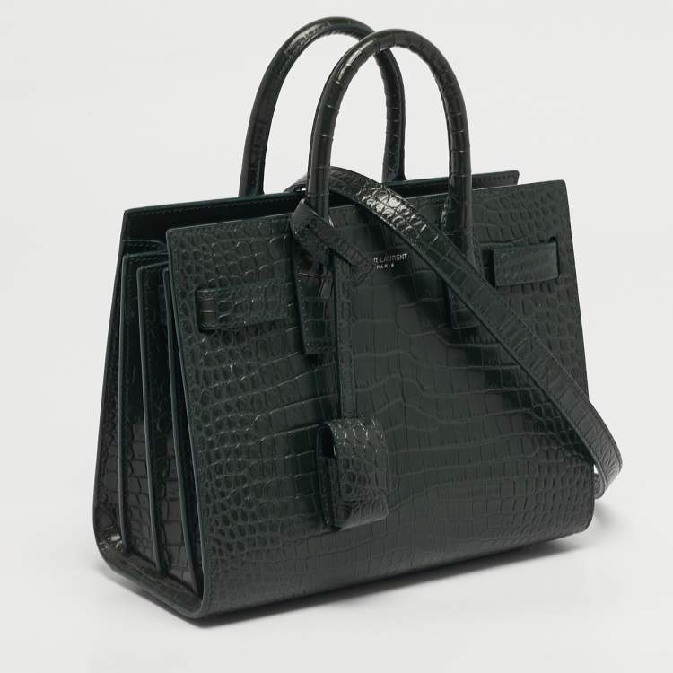 Pre Owned Saint Laurent Classic Sac De Jour Nano Dark Green Croc Embossed Leather Tote