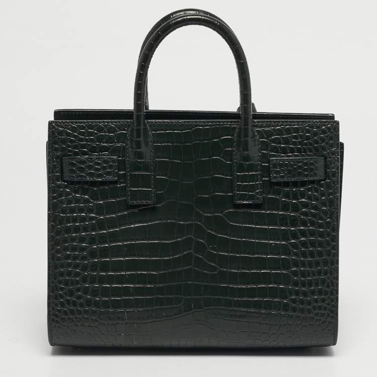 Pre Owned Saint Laurent Classic Sac De Jour Nano Dark Green Croc Embossed Leather Tote