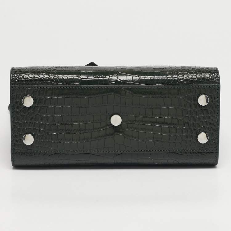 Pre Owned Saint Laurent Classic Sac De Jour Nano Dark Green Croc Embossed Leather Tote