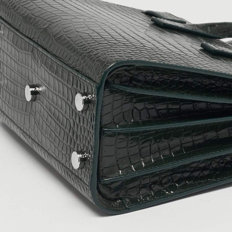 Pre Owned Saint Laurent Classic Sac De Jour Nano Dark Green Croc Embossed Leather Tote