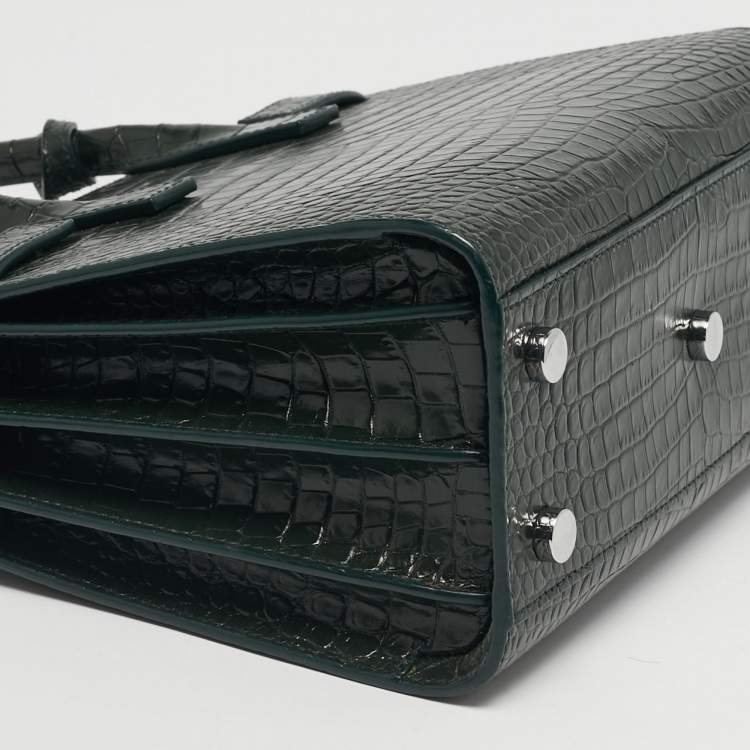 Pre Owned Saint Laurent Classic Sac De Jour Nano Dark Green Croc Embossed Leather Tote
