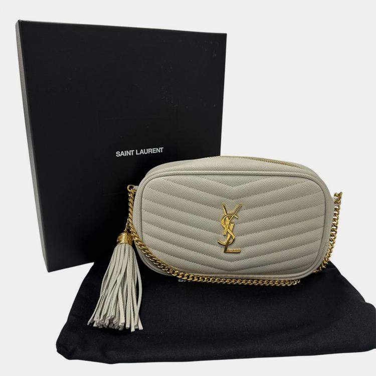 Pre Owned Saint Laurent Lou Shoulder Bag In White Leather With Tassel Small Mini