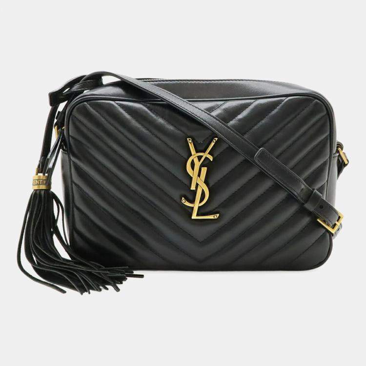 Pre Owned Saint Laurent Paris Ysl V-Stitched Quilted Leather Shoulder Bag In Black