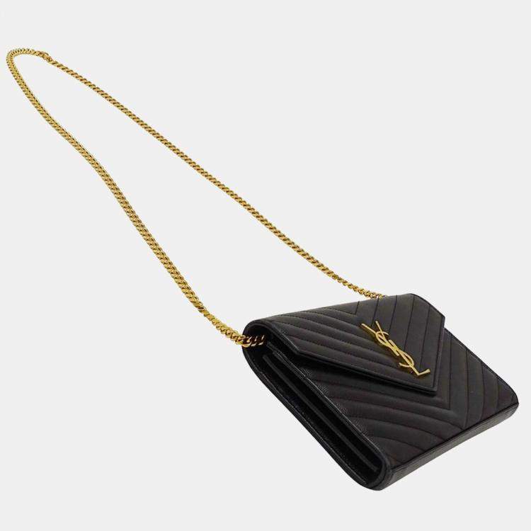 مملوكة مسبقًا Saint Laurent Shoulder Wallet Grain De Poudre Leather Cassandra Classic Chain Black