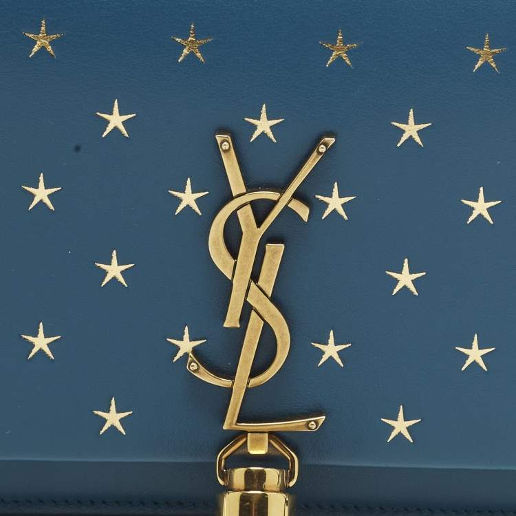 Pre Owned Saint Laurent Kate Tassel Blue/Gold Star Print Leather Wallet On Chain