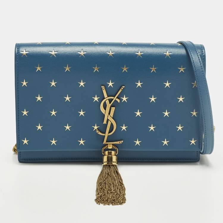 Pre Owned Saint Laurent Kate Tassel Blue/Gold Star Print Leather Wallet On Chain