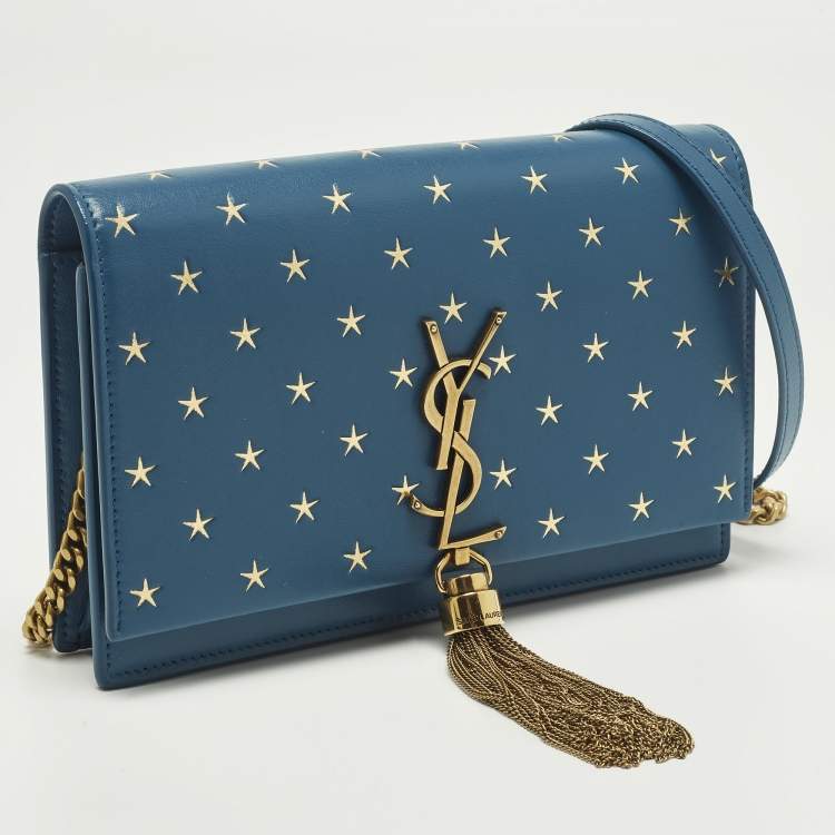 Pre Owned Saint Laurent Kate Tassel Blue/Gold Star Print Leather Wallet On Chain
