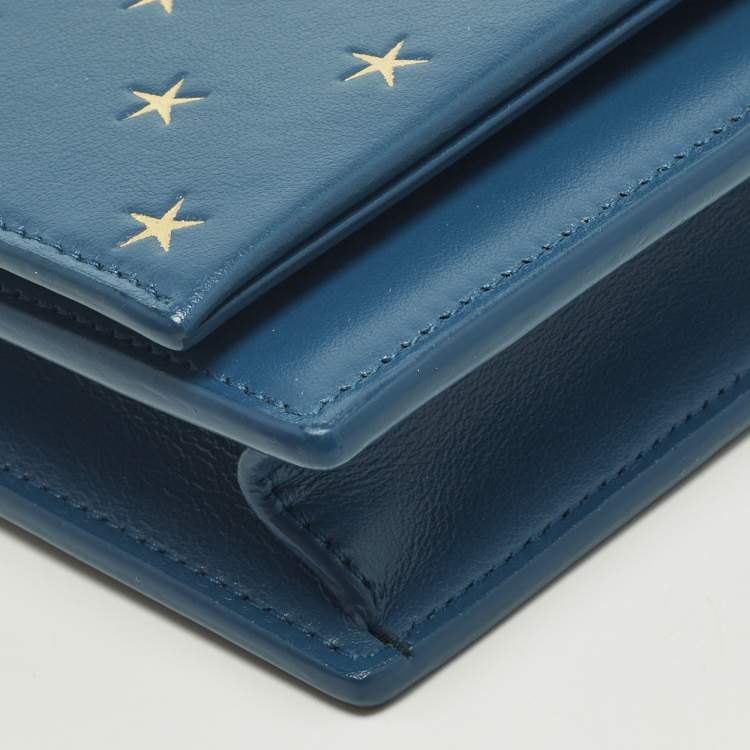 Pre Owned Saint Laurent Kate Tassel Blue/Gold Star Print Leather Wallet On Chain