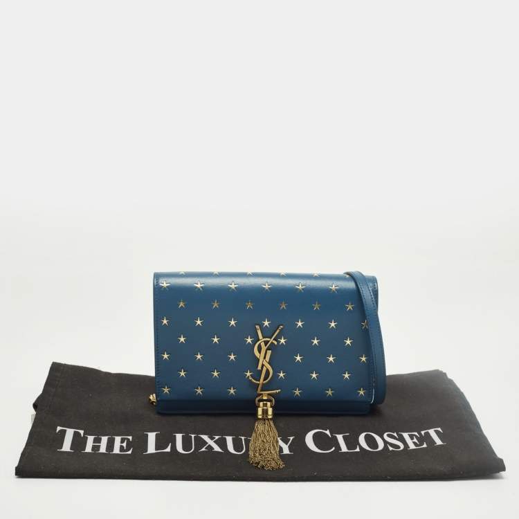 Pre Owned Saint Laurent Kate Tassel Blue/Gold Star Print Leather Wallet On Chain