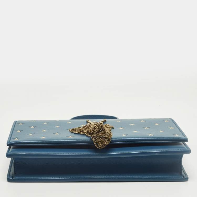 Pre Owned Saint Laurent Kate Tassel Blue/Gold Star Print Leather Wallet On Chain