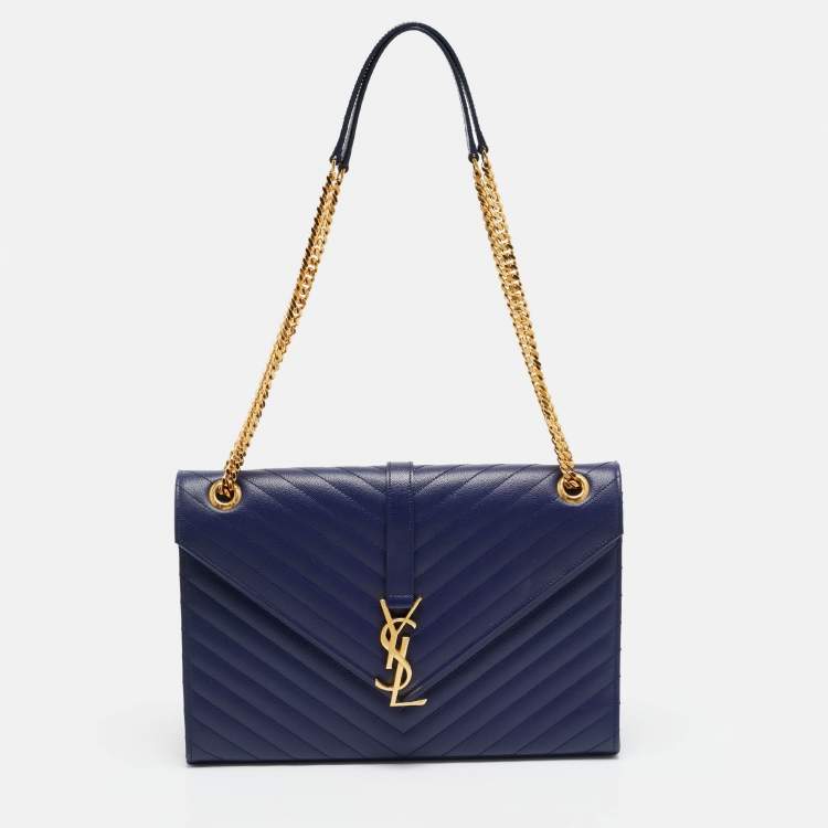 Pre Owned Saint Laurent Monogram Envelope Large Blue Matelasse Leather Shoulder Bag