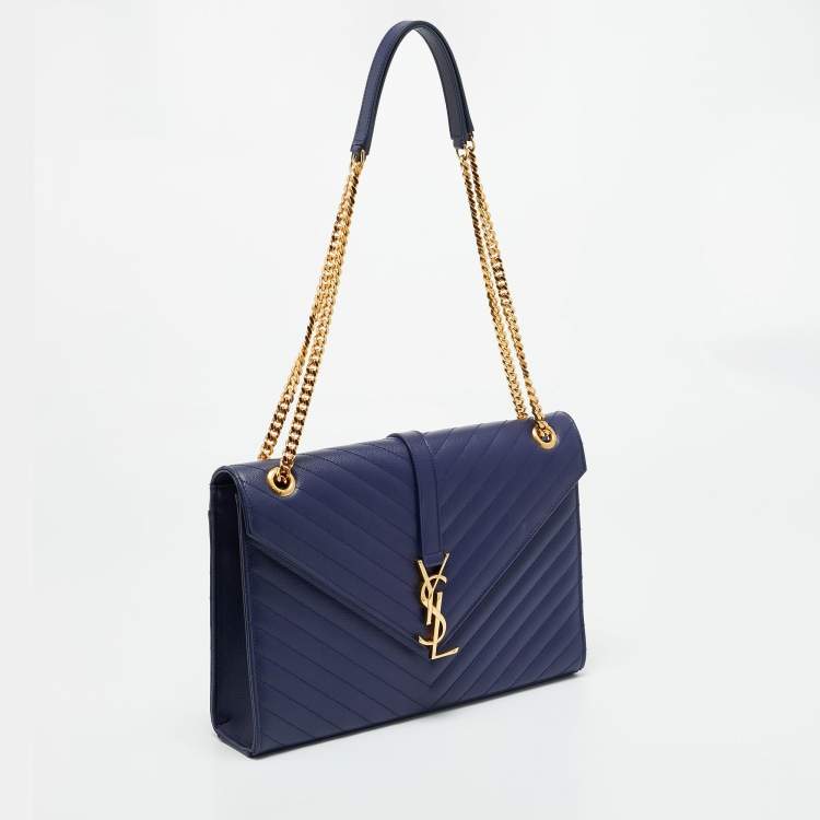 Pre Owned Saint Laurent Monogram Envelope Large Blue Matelasse Leather Shoulder Bag