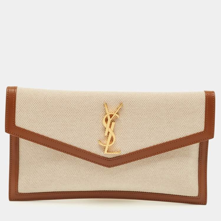 Pre Owned Saint Laurent Uptown Brown/natural Canvas and Leather Clutch
