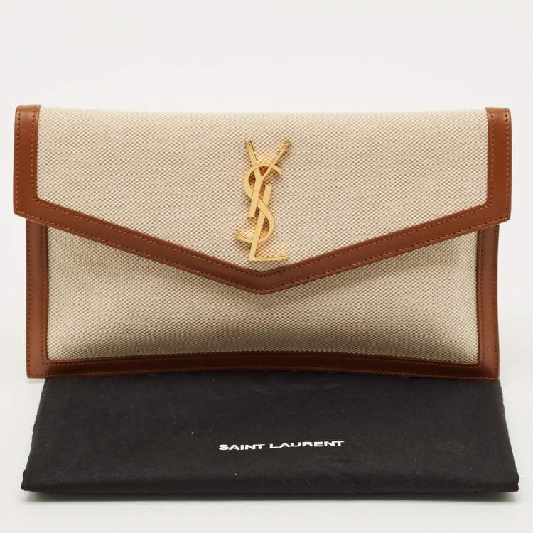 Pre Owned Saint Laurent Uptown Brown/natural Canvas and Leather Clutch