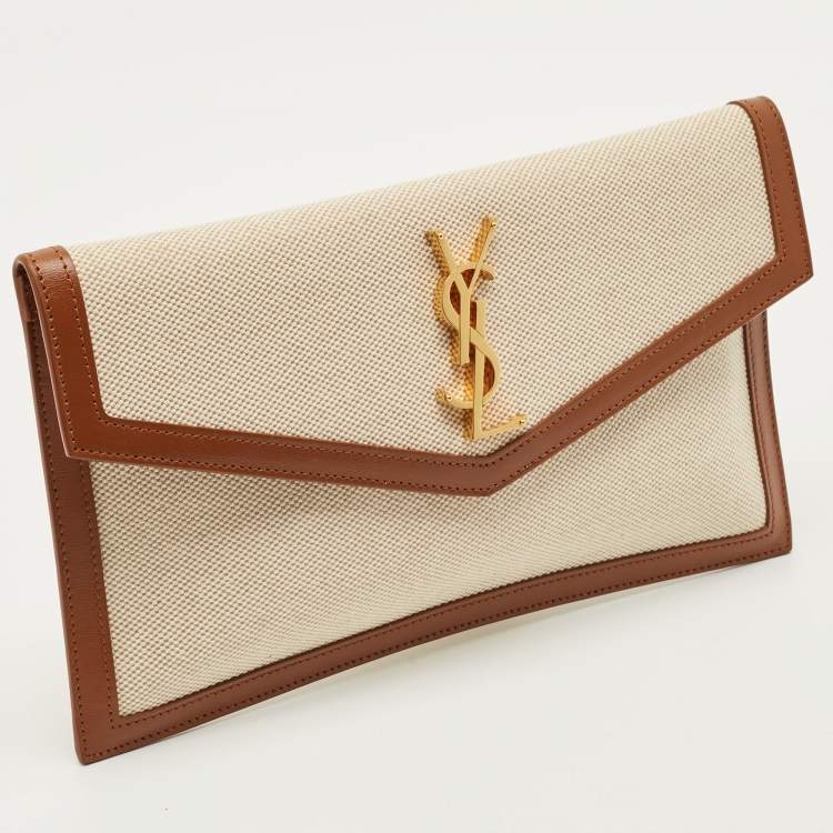 Pre Owned Saint Laurent Uptown Brown/natural Canvas and Leather Clutch