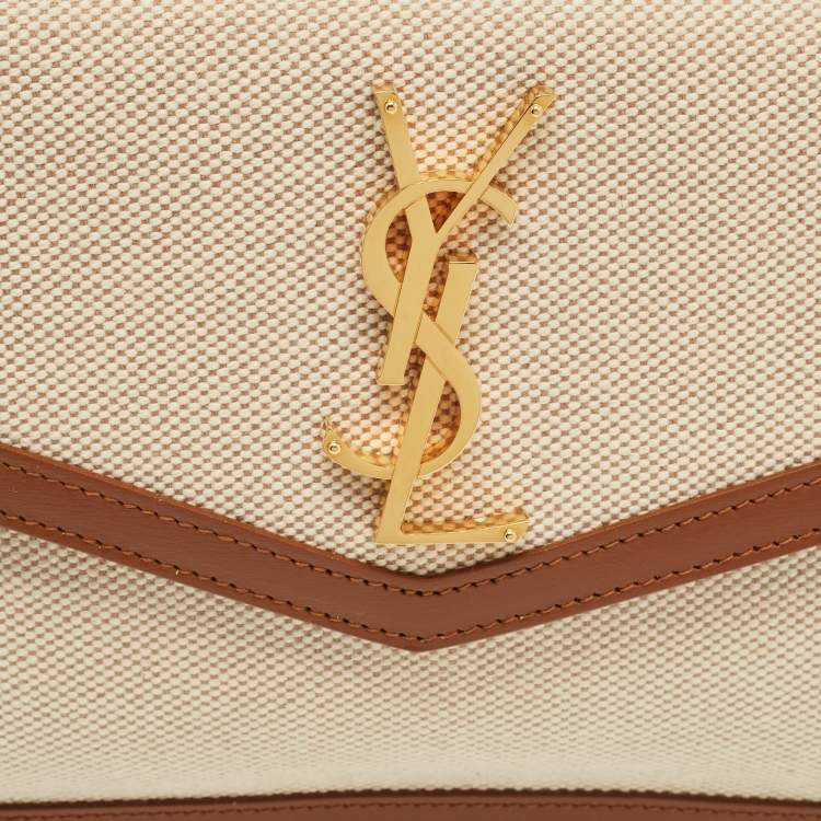 Pre Owned Saint Laurent Uptown Brown/natural Canvas and Leather Clutch