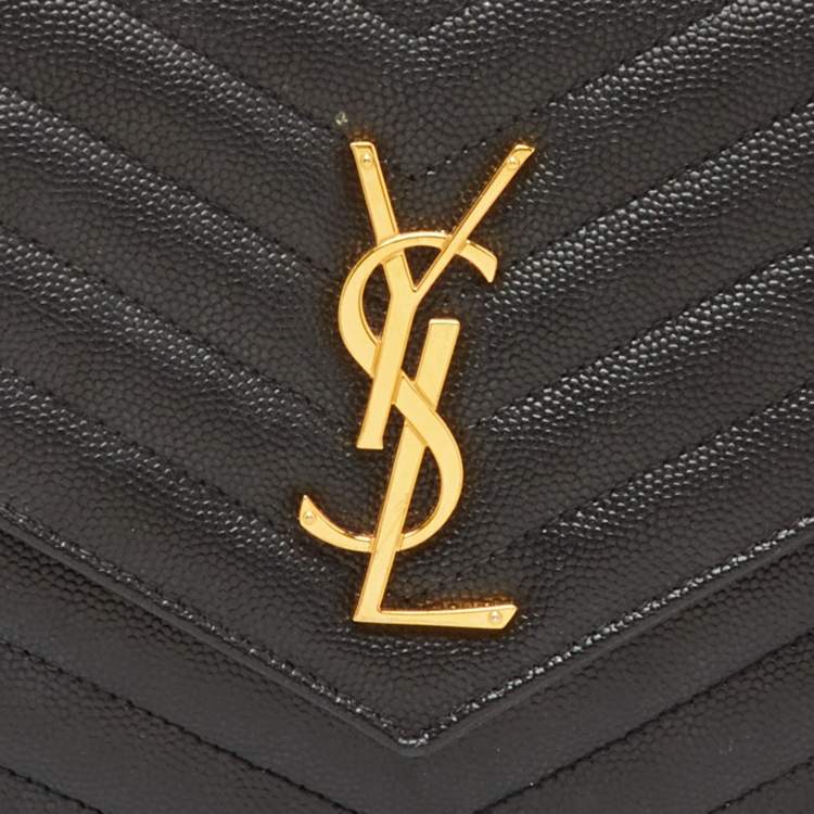 Pre Owned Saint Laurent Monogram Envelope Black Matelasse Leather Wallet On Chain