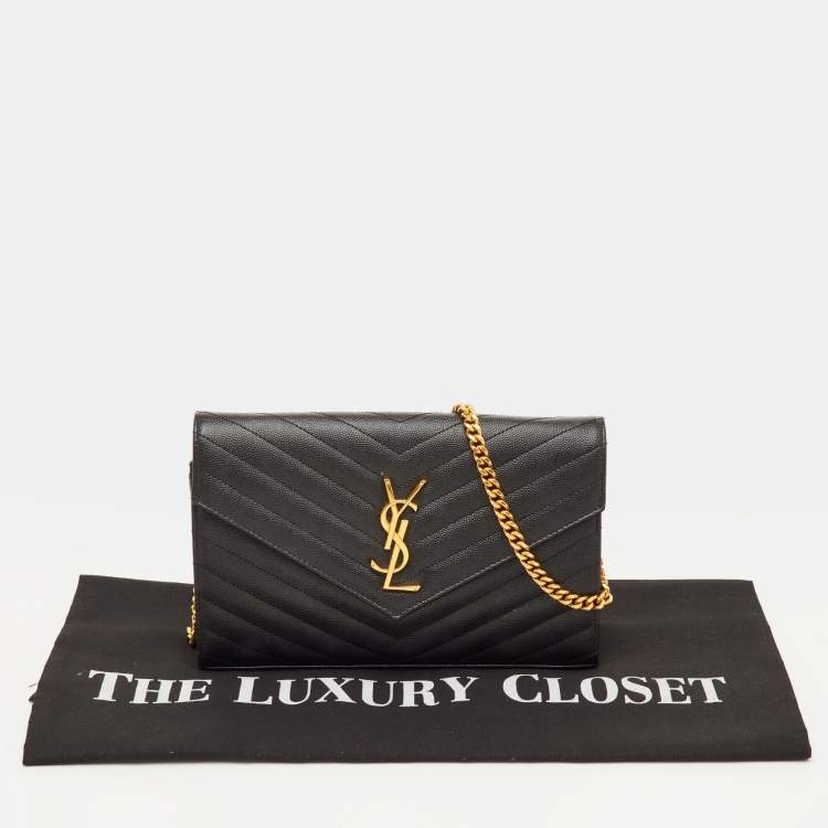 Pre Owned Saint Laurent Monogram Envelope Black Matelasse Leather Wallet On Chain