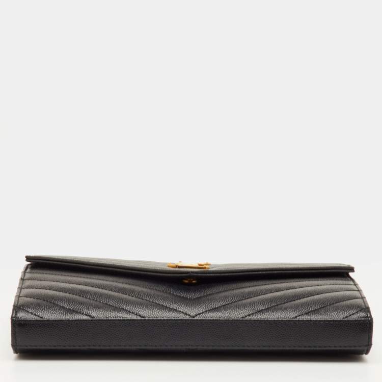 Pre Owned Saint Laurent Monogram Envelope Black Matelasse Leather Wallet On Chain